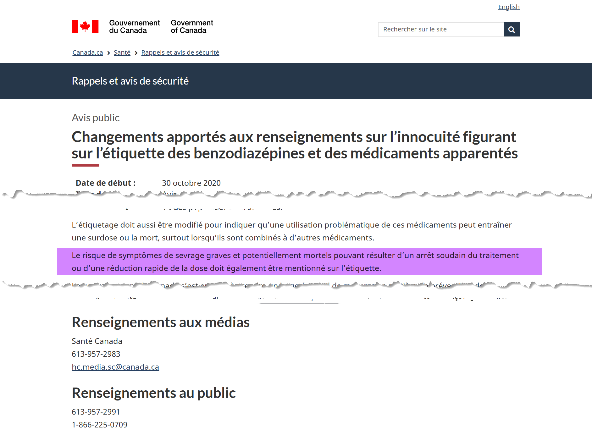 Capture d'écran de l'avis officiel de Santé Canada mentionnant le risque de symptômes de sevrage graves et potentiellement mortels